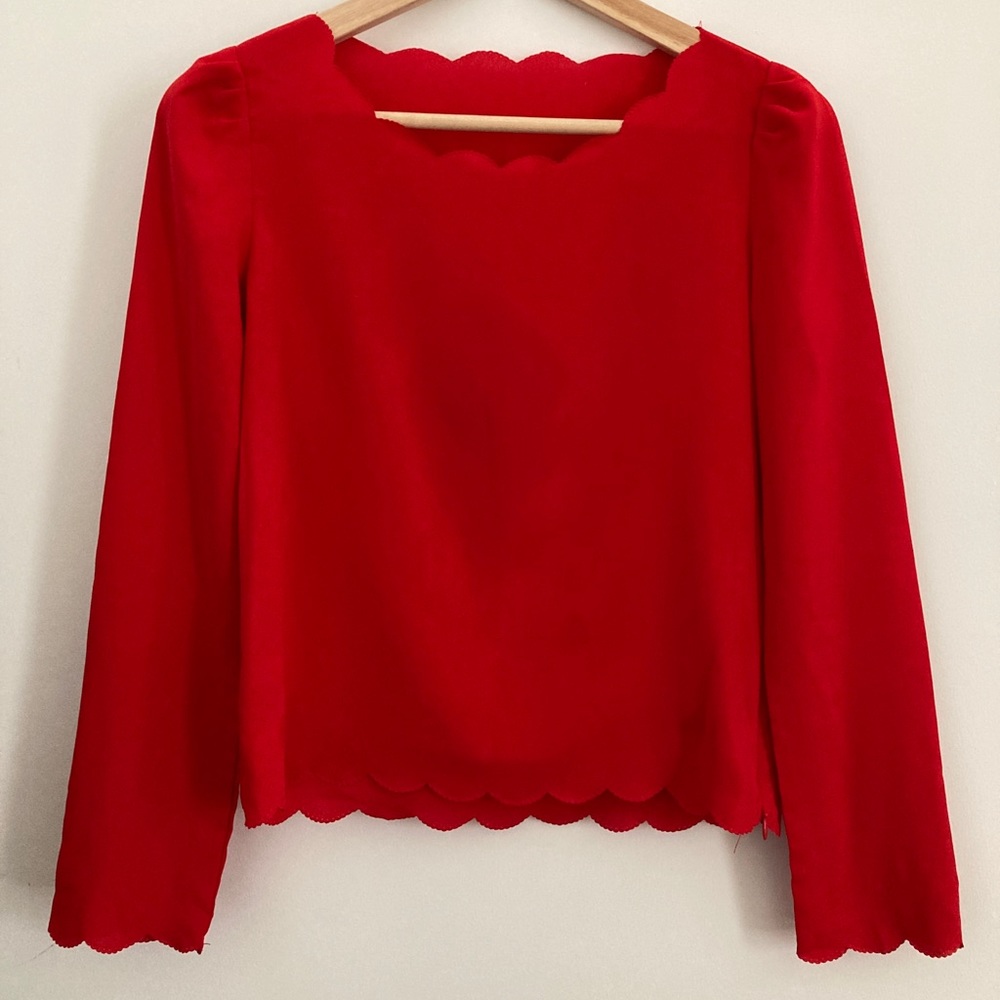 Pinkyotto Crimson Silk Blouse Scalloped Neck & Hem